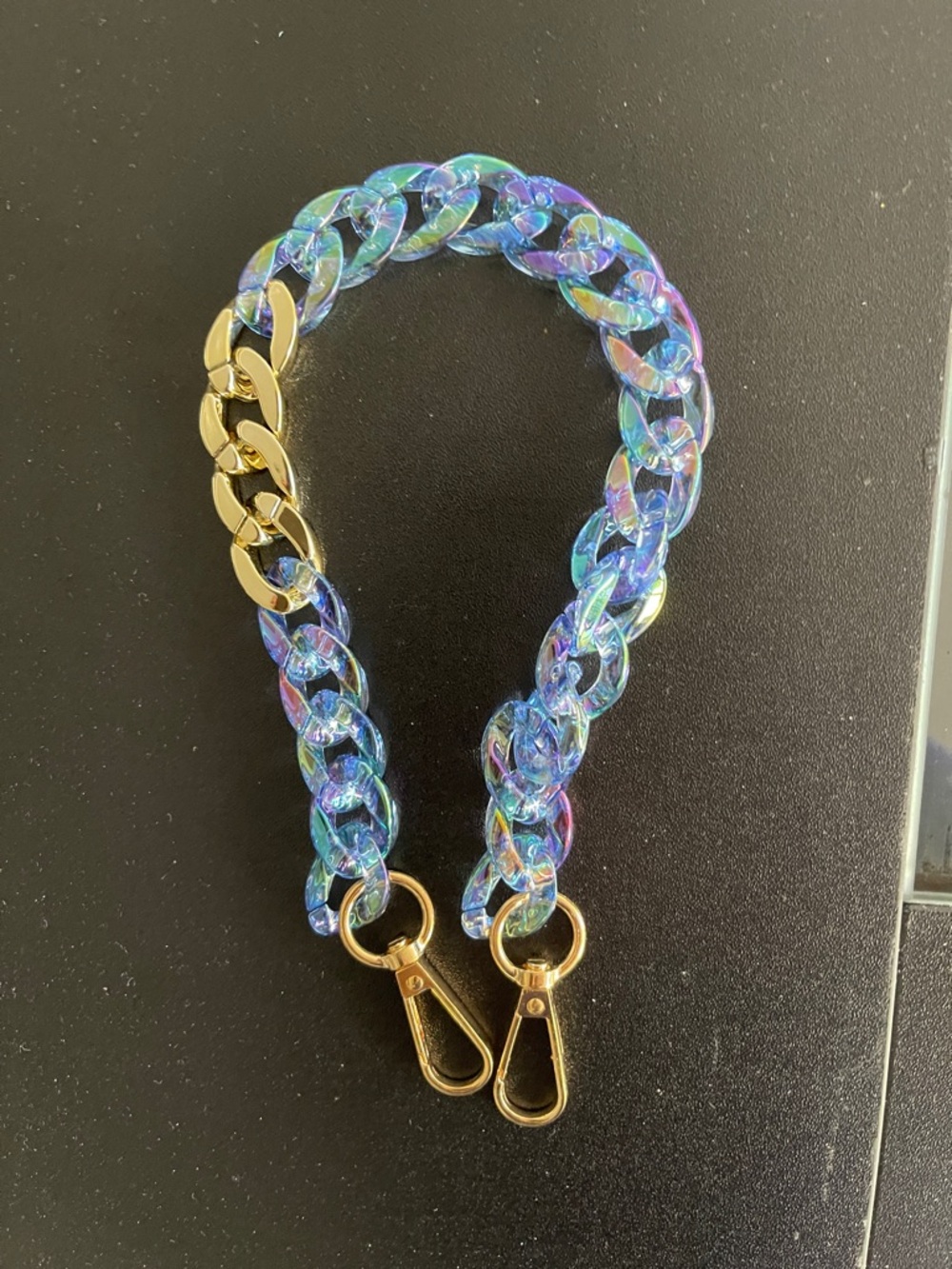 Iridescent Blue Chain Bag extender or charm, with Gold Hardware 15.5"